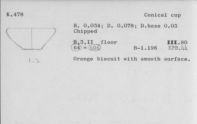 Index card with typed and handwritten information, sometimes including a sketch, of pottery from an excavation.