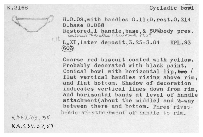 Index card with typed and handwritten information, sometimes including a sketch, of pottery from an excavation.