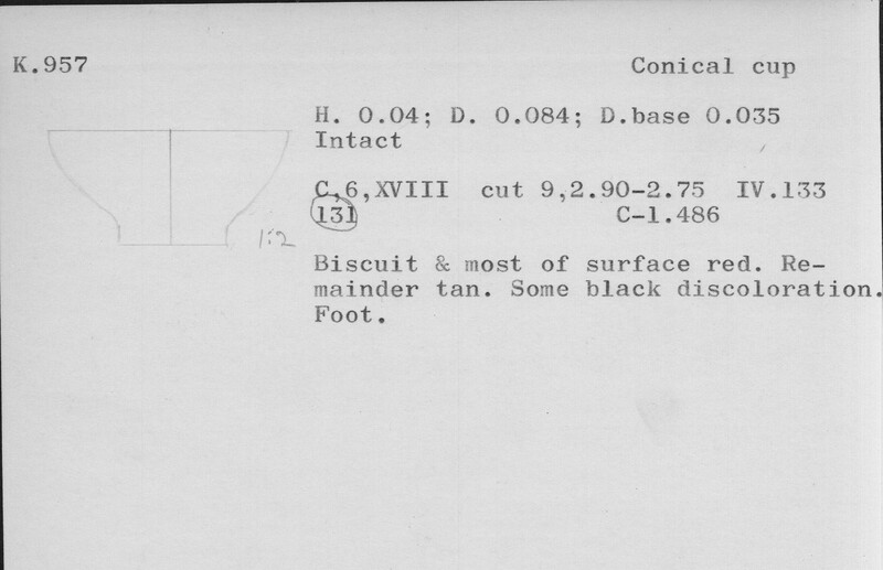 Index card with typed and handwritten information, sometimes including a sketch, of pottery from an excavation.