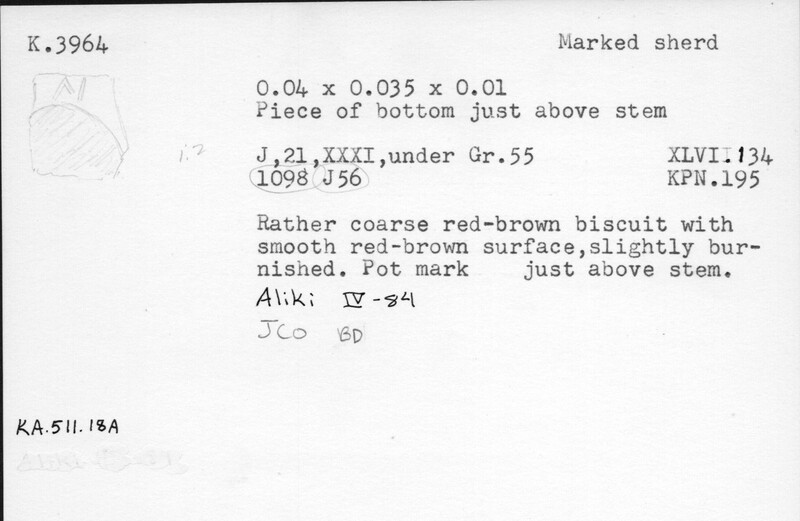 Index card with typed and handwritten information, sometimes including a sketch, of pottery from an excavation.