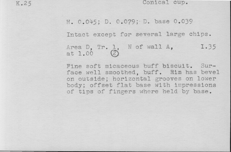 Index card with typed and handwritten information, sometimes including a sketch, of pottery from an excavation.