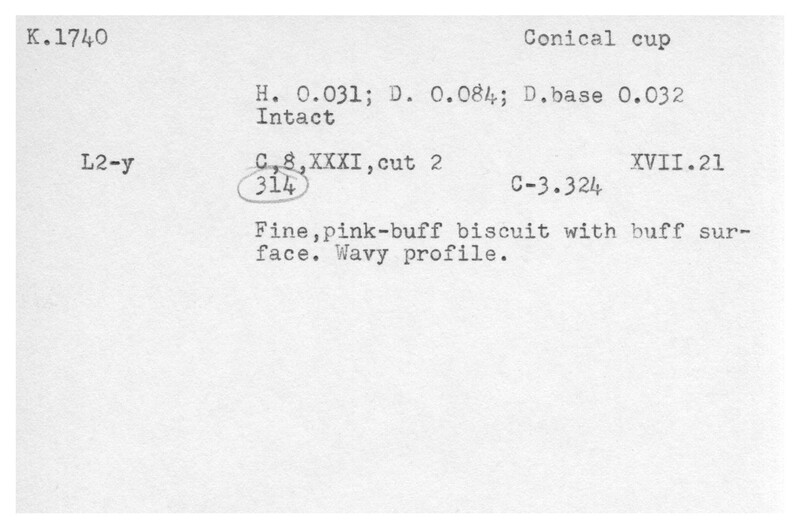 Index card with typed and handwritten information, sometimes including a sketch, of pottery from an excavation.