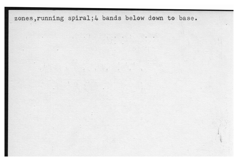 Index card with typed and handwritten information, sometimes including a sketch, of pottery from an excavation.