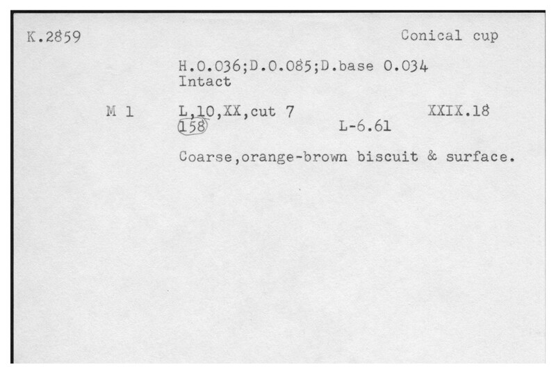 Index card with typed and handwritten information, sometimes including a sketch, of pottery from an excavation.