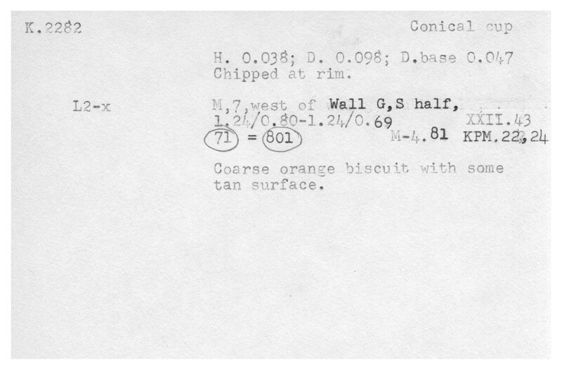 Index card with typed and handwritten information, sometimes including a sketch, of pottery from an excavation.