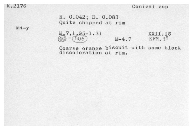 Index card with typed and handwritten information, sometimes including a sketch, of pottery from an excavation.