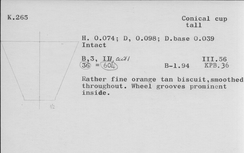 Index card with typed and handwritten information, sometimes including a sketch, of pottery from an excavation.