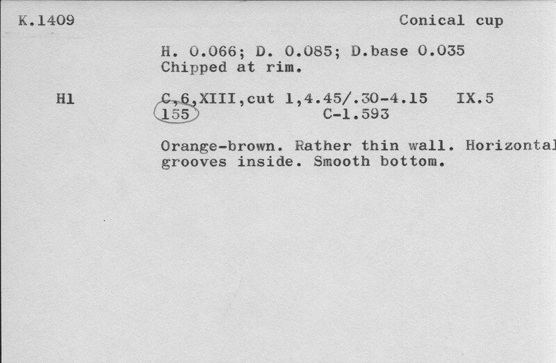 Index card with typed and handwritten information, sometimes including a sketch, of pottery from an excavation.