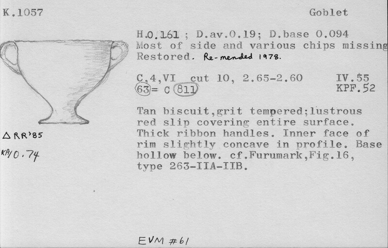 Index card with typed and handwritten information, sometimes including a sketch, of pottery from an excavation.