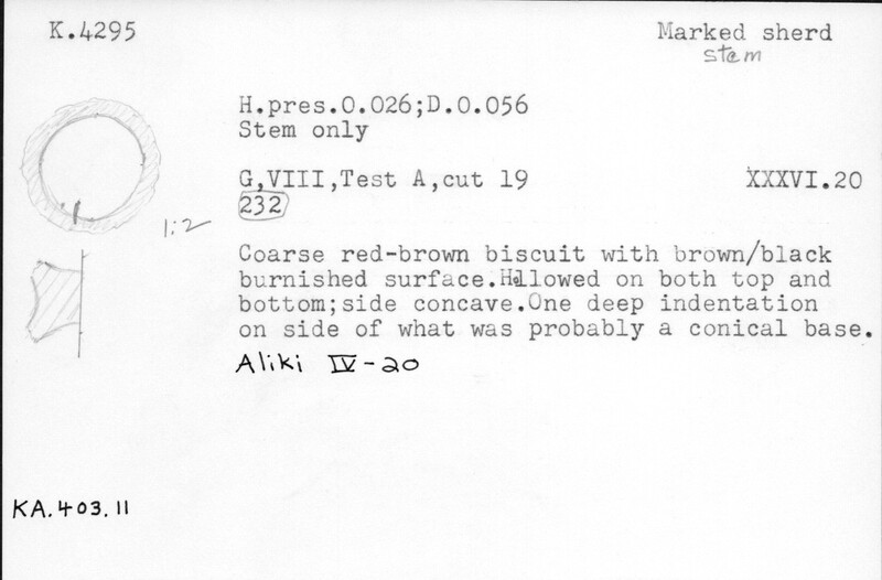 Index card with typed and handwritten information, sometimes including a sketch, of pottery from an excavation.