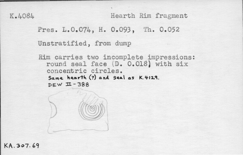 Index card with typed and handwritten information, sometimes including a sketch, of pottery from an excavation.