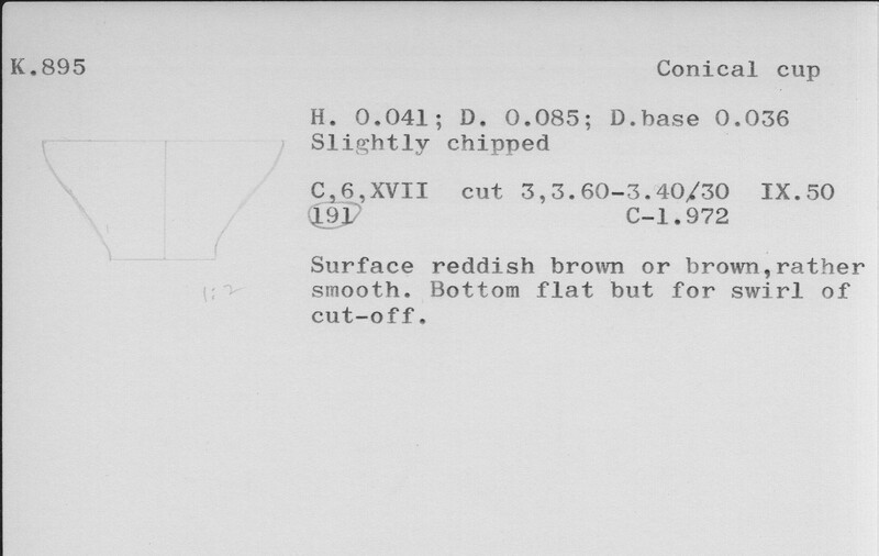 Index card with typed and handwritten information, sometimes including a sketch, of pottery from an excavation.