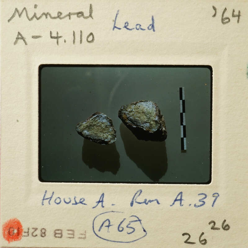 Two small rocks on a white surface with measurement lines and labels, including "Minerals" and "Lead".