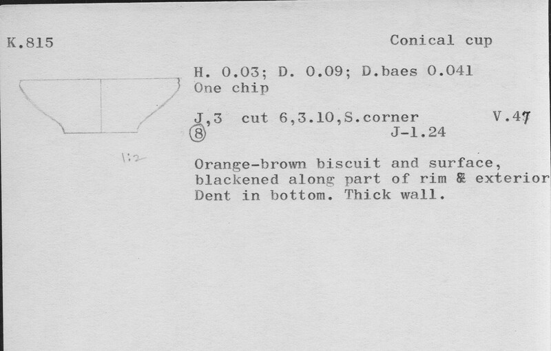 Index card with typed and handwritten information, sometimes including a sketch, of pottery from an excavation.