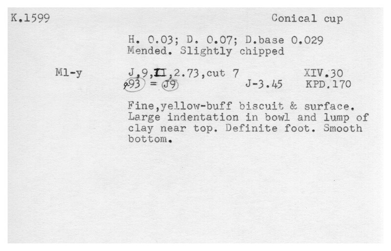 Index card with typed and handwritten information, sometimes including a sketch, of pottery from an excavation.