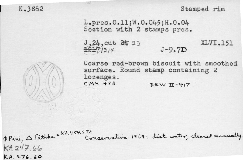 Index card with typed and handwritten information, sometimes including a sketch, of pottery from an excavation.