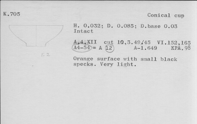 Index card with typed and handwritten information, sometimes including a sketch, of pottery from an excavation.