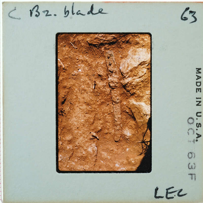 This is an image of a film strip with a photograph showing what appears to be an ancient artifact, possibly a bone or piece of rock with markings on it.