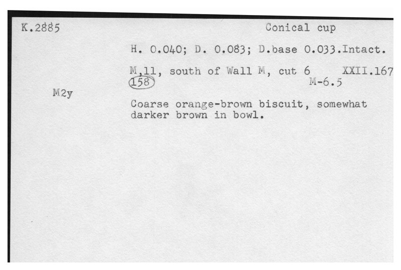 Index card with typed and handwritten information, sometimes including a sketch, of pottery from an excavation.