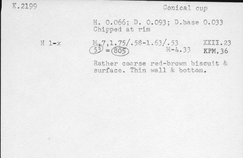 Index card with typed and handwritten information, sometimes including a sketch, of pottery from an excavation.