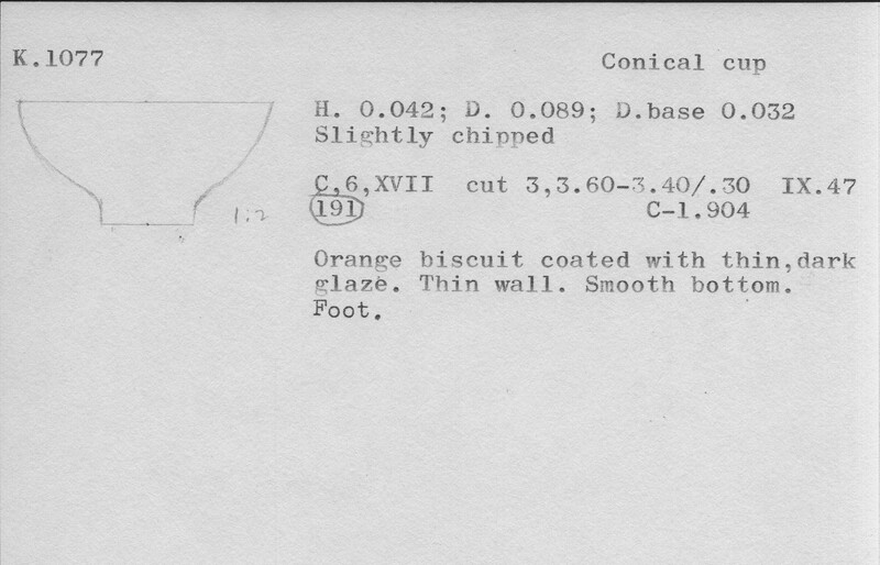 Index card with typed and handwritten information, sometimes including a sketch, of pottery from an excavation.
