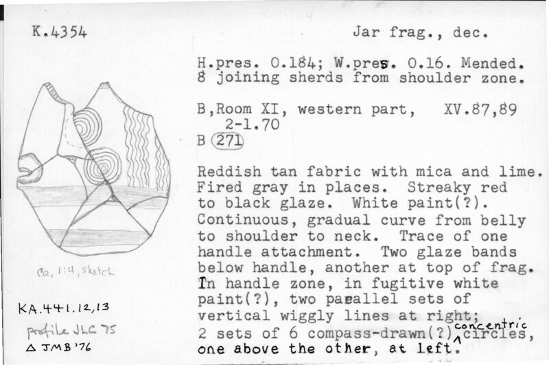 Index card with typed and handwritten information, sometimes including a sketch, of pottery from an excavation.