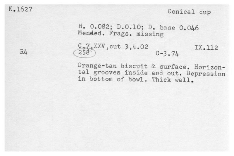 Index card with typed and handwritten information, sometimes including a sketch, of pottery from an excavation.