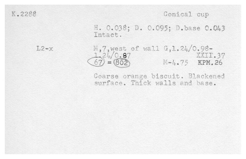 Index card with typed and handwritten information, sometimes including a sketch, of pottery from an excavation.