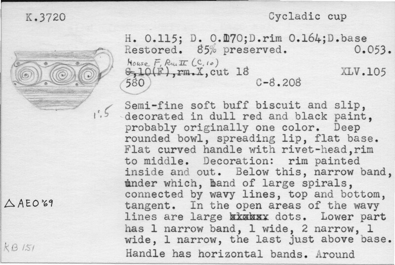 Index card with typed and handwritten information, sometimes including a sketch, of pottery from an excavation.