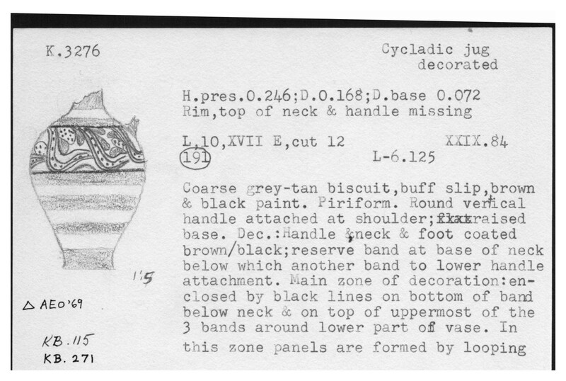 Index card with typed and handwritten information, sometimes including a sketch, of pottery from an excavation.