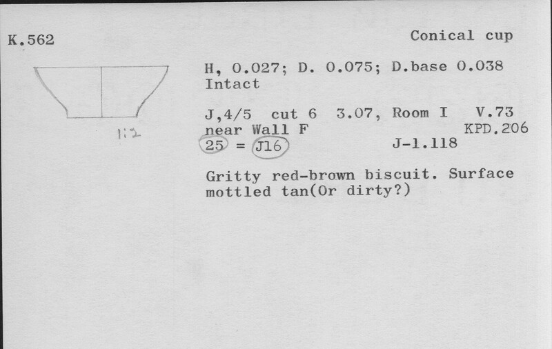 Index card with typed and handwritten information, sometimes including a sketch, of pottery from an excavation.