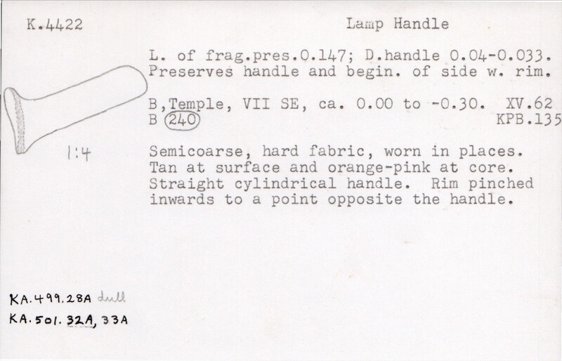 Index card with typed and handwritten information, sometimes including a sketch, of pottery from an excavation.