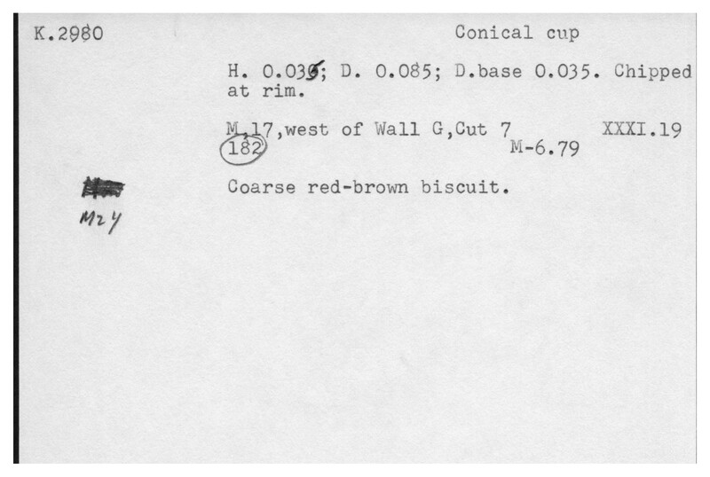 Index card with typed and handwritten information, sometimes including a sketch, of pottery from an excavation.