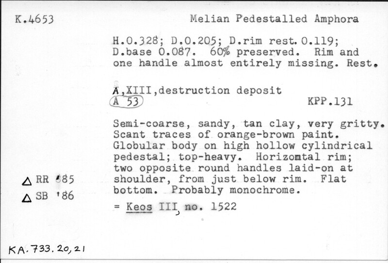 Index card with typed and handwritten information, sometimes including a sketch, of pottery from an excavation.