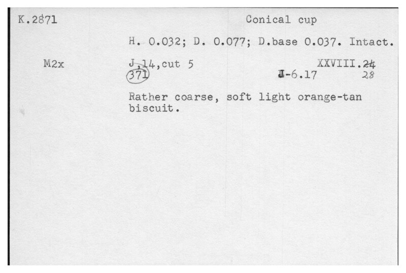 Index card with typed and handwritten information, sometimes including a sketch, of pottery from an excavation.