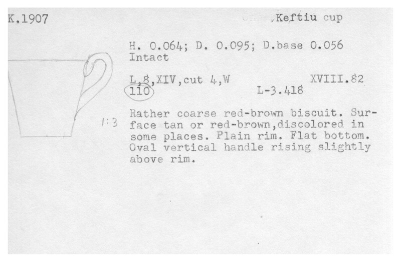 Index card with typed and handwritten information, sometimes including a sketch, of pottery from an excavation.