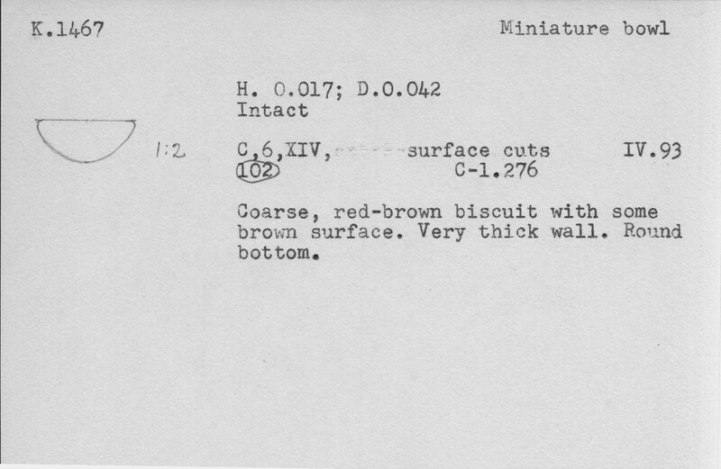Index card with typed and handwritten information, sometimes including a sketch, of pottery from an excavation.