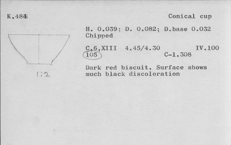 Index card with typed and handwritten information, sometimes including a sketch, of pottery from an excavation.