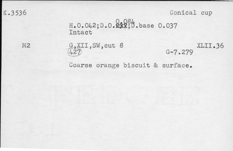 Index card with typed and handwritten information, sometimes including a sketch, of pottery from an excavation.