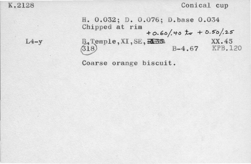 Index card with typed and handwritten information, sometimes including a sketch, of pottery from an excavation.
