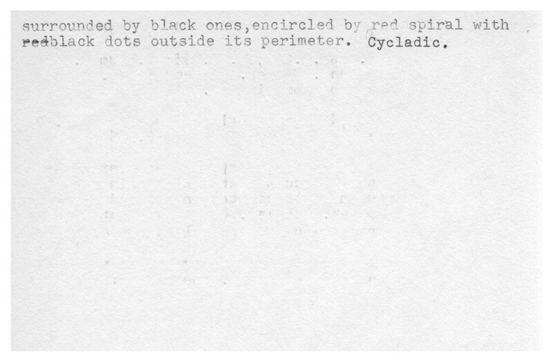 Index card with typed and handwritten information, sometimes including a sketch, of pottery from an excavation.