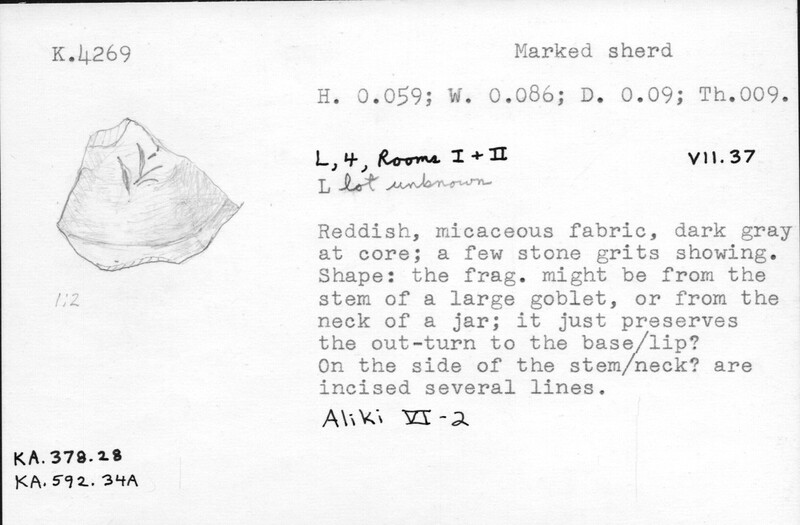 Index card with typed and handwritten information, sometimes including a sketch, of pottery from an excavation.