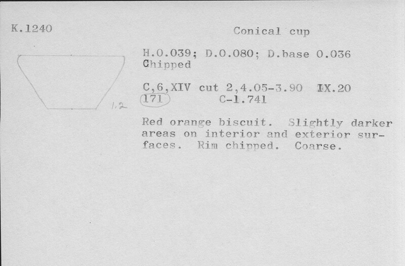 Index card with typed and handwritten information, sometimes including a sketch, of pottery from an excavation.