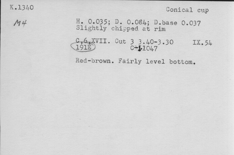 Index card with typed and handwritten information, sometimes including a sketch, of pottery from an excavation.