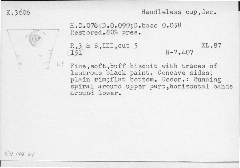 Index card with typed and handwritten information, sometimes including a sketch, of pottery from an excavation.