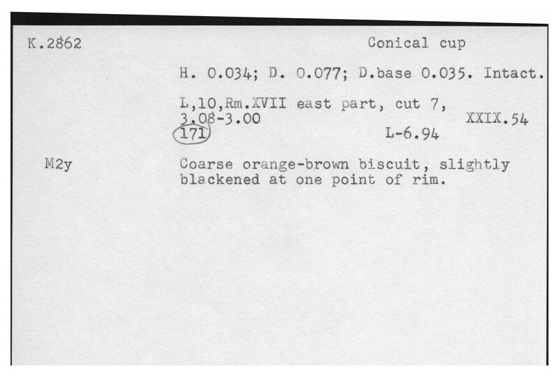 Index card with typed and handwritten information, sometimes including a sketch, of pottery from an excavation.