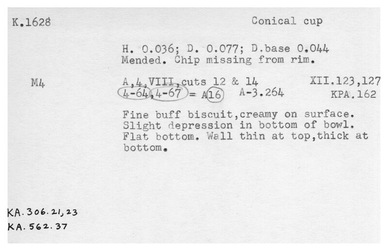 Index card with typed and handwritten information, sometimes including a sketch, of pottery from an excavation.