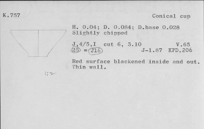 Index card with typed and handwritten information, sometimes including a sketch, of pottery from an excavation.