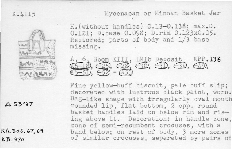 Index card with typed and handwritten information, sometimes including a sketch, of pottery from an excavation.