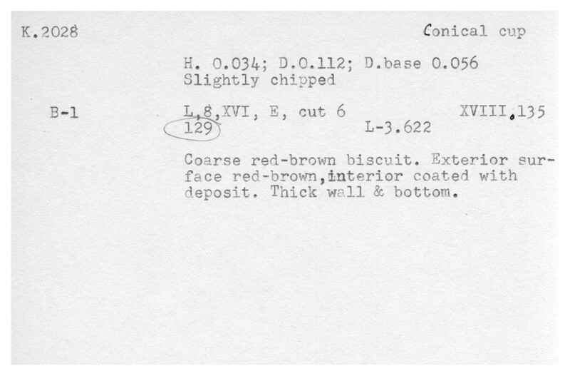 Index card with typed and handwritten information, sometimes including a sketch, of pottery from an excavation.